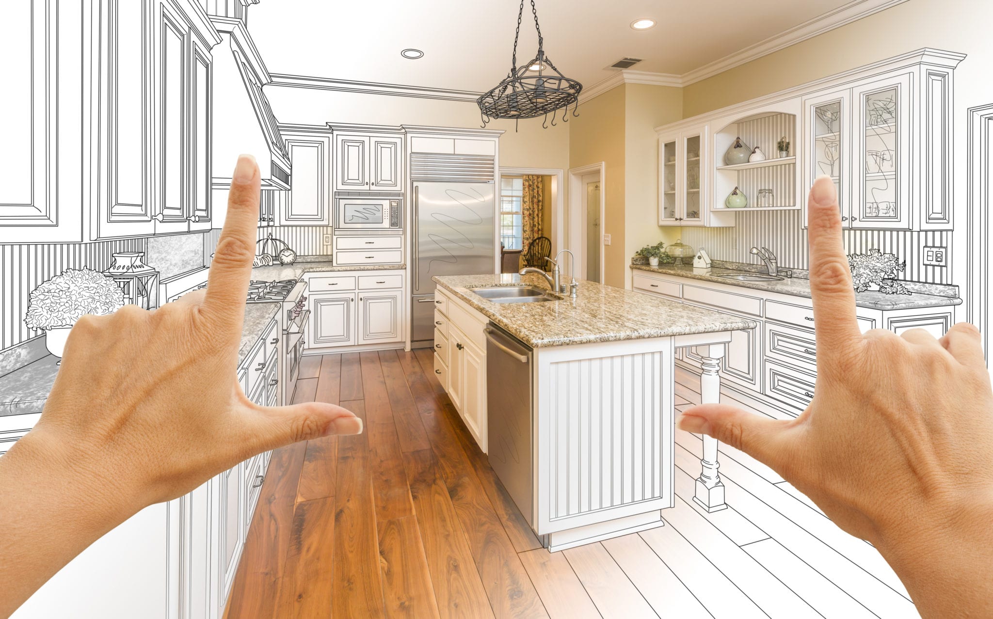Female Hands Framing Gradated Custom Kitchen Design Drawing and Photo Combination