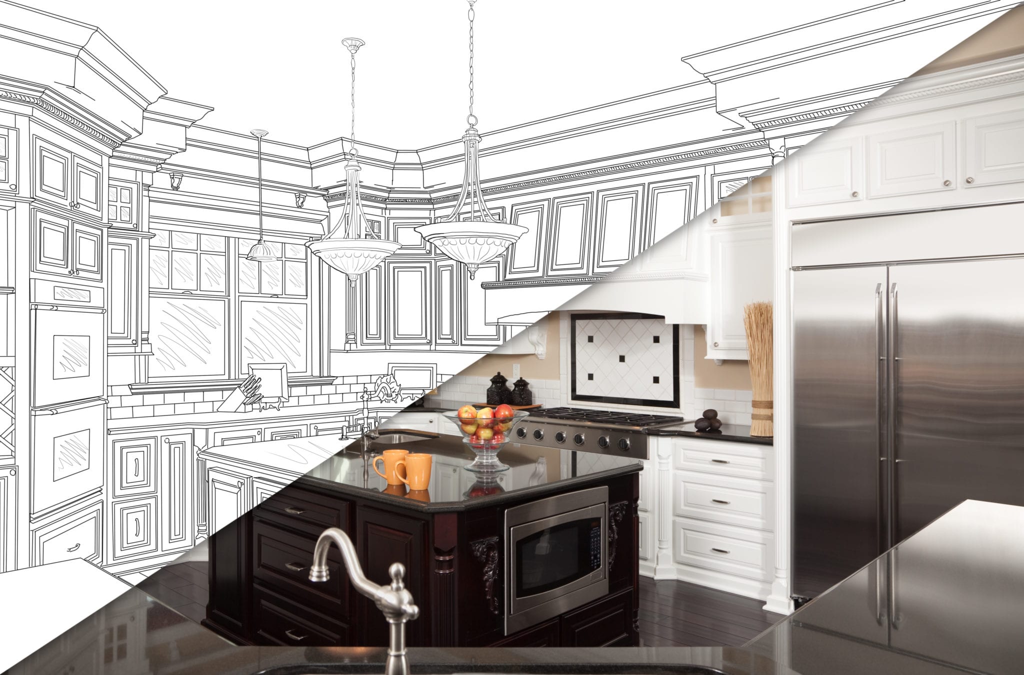 Diagonal Split Screen Of Drawing and Photo of Beautiful New Kitchen.