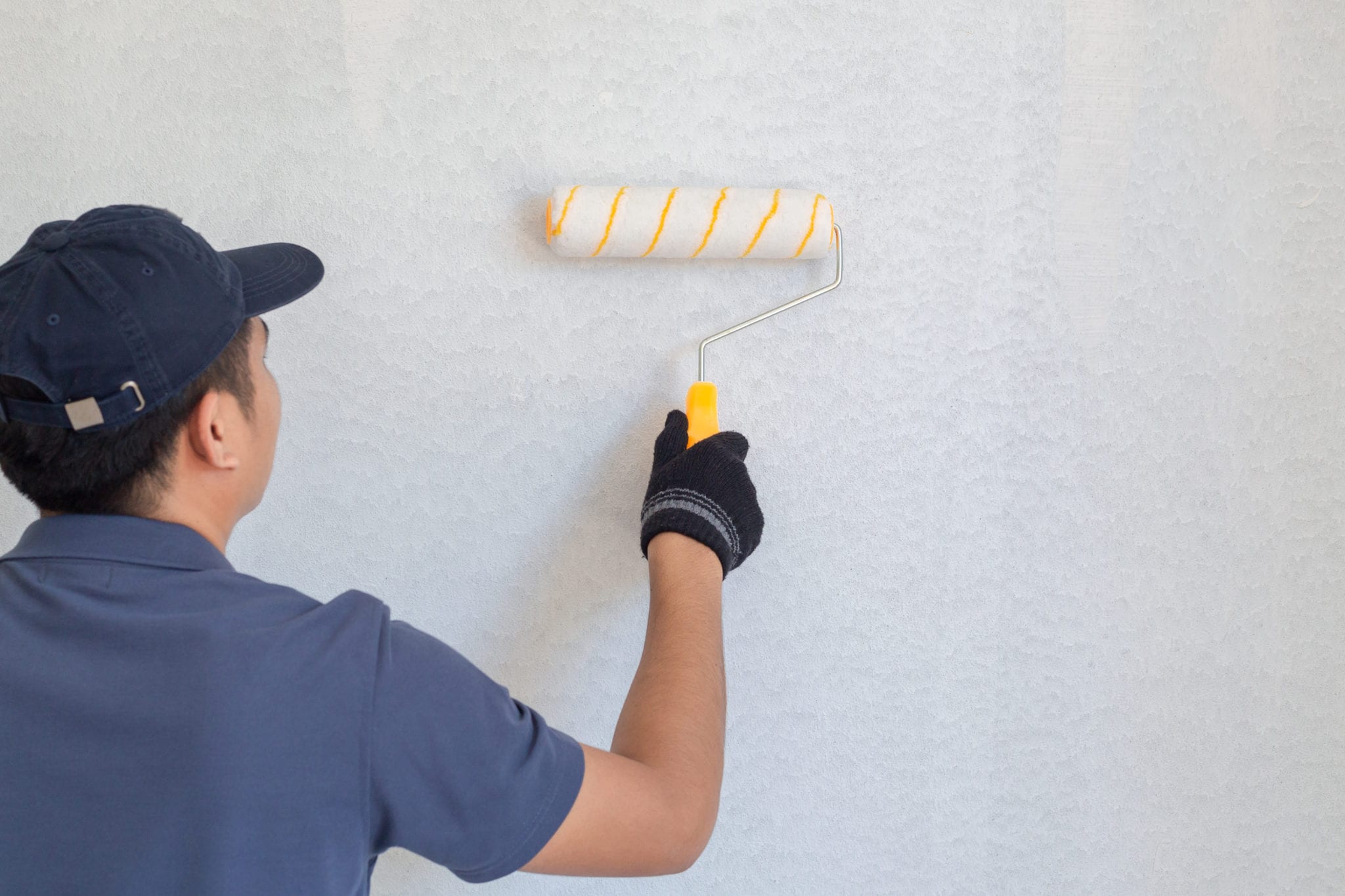 painter man at work with a paint roller on the wall