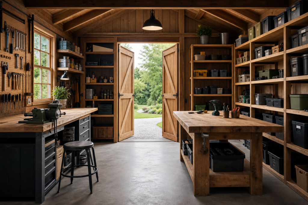 Organized outbuilding workshop with wall storage, workbench, and wide doors