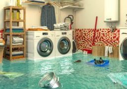 3d render image of an interior of a flooded laundry. Concept of home problems.