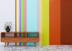 3d-rendering-wooden-table-with-colorful-backdrop