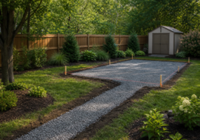 Proposed backyard shed site marked for planning, access, and drainage review