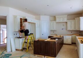 Blind corner cabinet, island drawers and counter cabinets installed